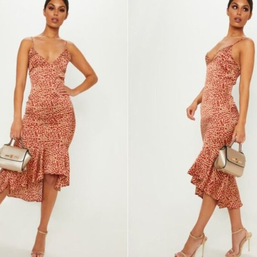 PrettyLittleThing Red Leopard Print Frill Hem Midi Slip Dress 4